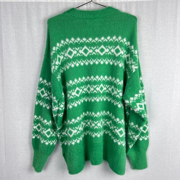 Aerie Sweater Flurry Oversized Fair Isle Green Eyelash Holiday Winter Christmas - Picture 3 of 6